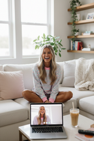 Cotton candy stripe lounge set - couch laptop iced coffee