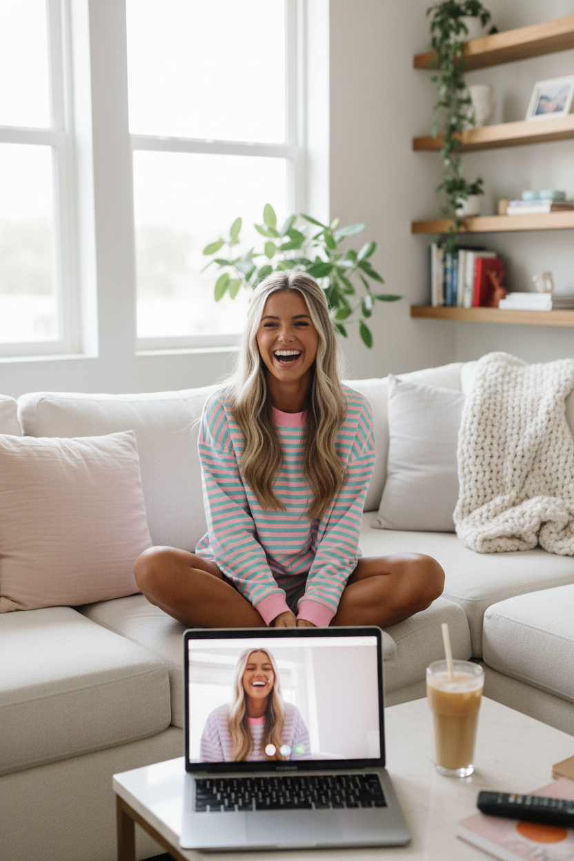 Cotton candy stripe lounge set - couch laptop iced coffee