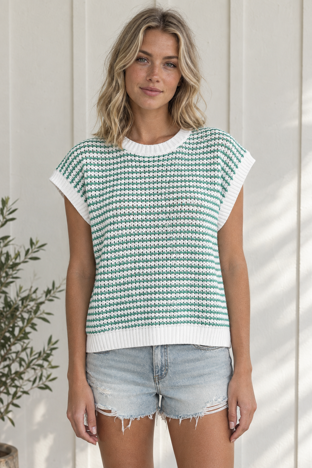 Front view of Coastal Stripe Knit Tank with green and white stripes, white ribbed trim and relaxed sleeveless fit
