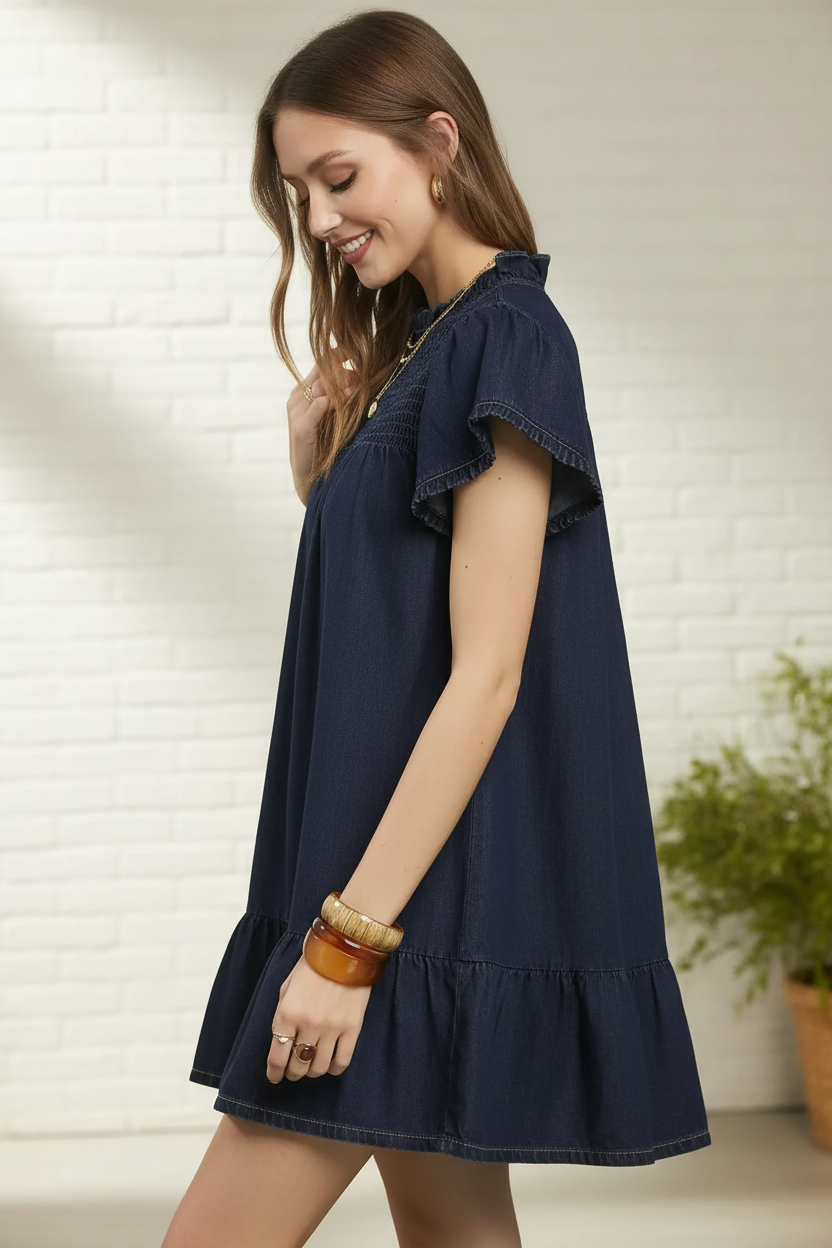 Ruffled Washed Denim Dress - Side Profile