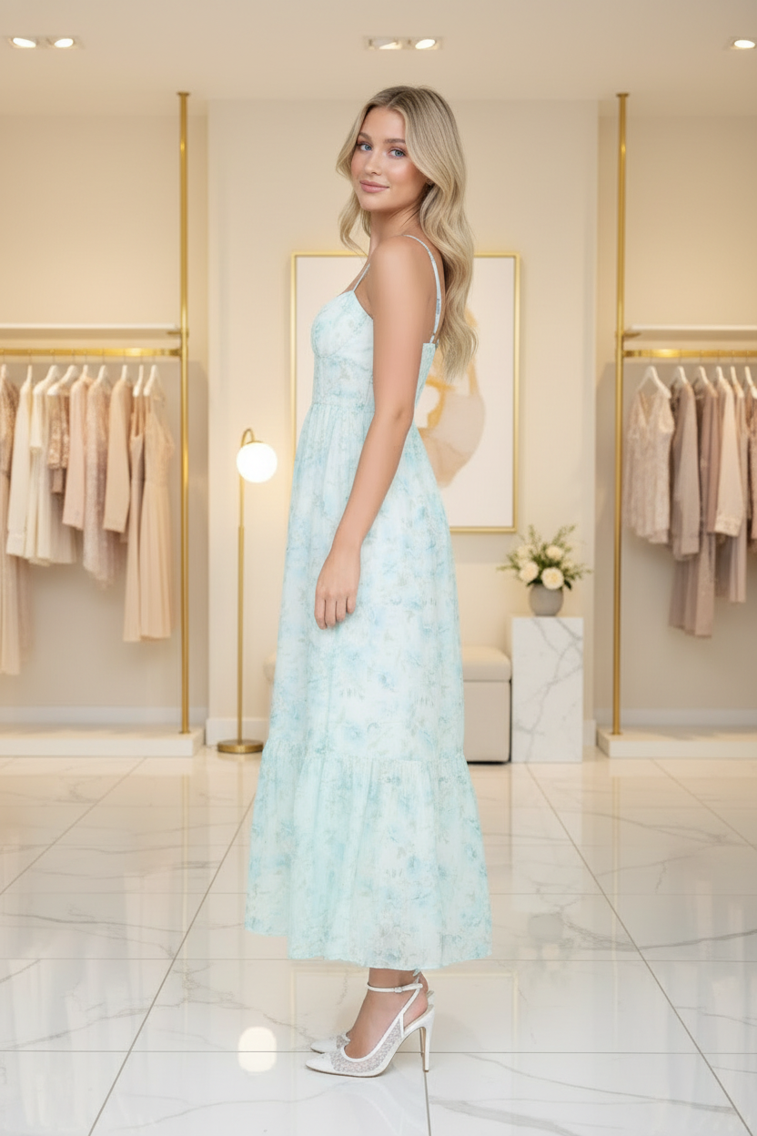 Side profile of mint floral spaghetti strap midi dress with tiered ruffle hem and A-line silhouette, boutique interior background