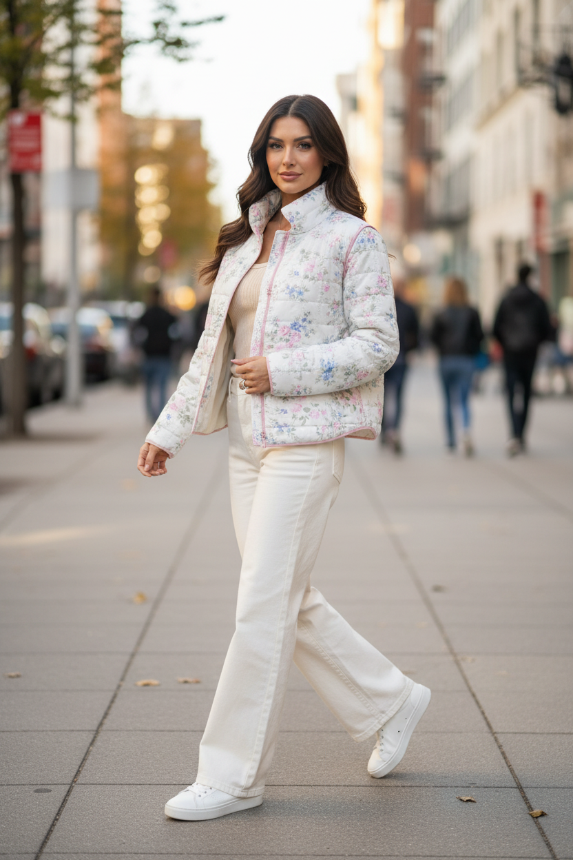 Brunette model walking in white floral quilted jacket with white wide leg jeans and white sneakers on city sidewalk