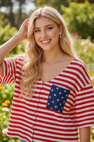 Americana waffle knit top close-up — navy blue star print chest pocket white embroidered stars and gold button front detail