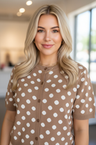 Dark Khaki Polka Dot Short Sleeve Cardigan - Close-up button and polka dot detail