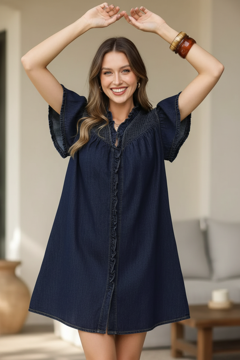 Ruffled Washed Denim Dress - Full Body Playful