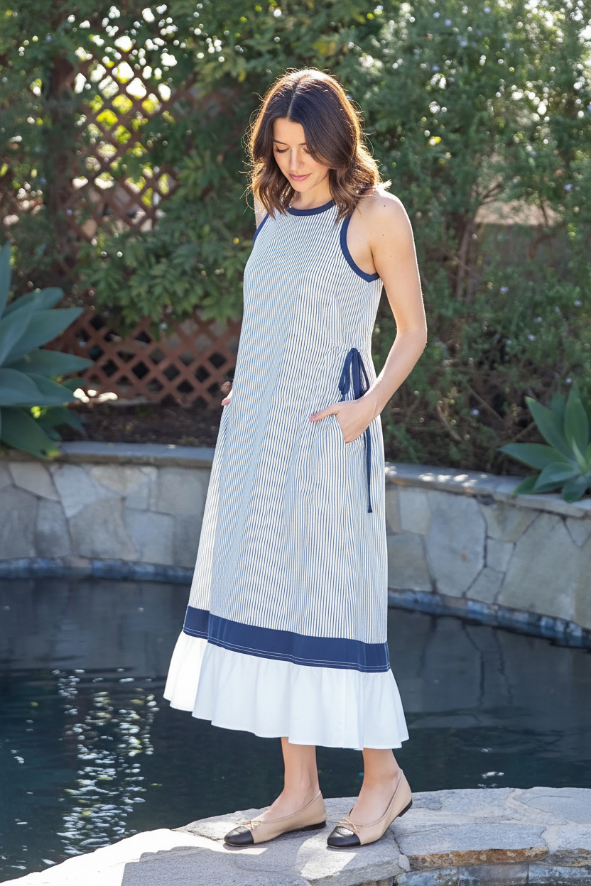 Navy & White Striped Contrast Hem Maxi Dress