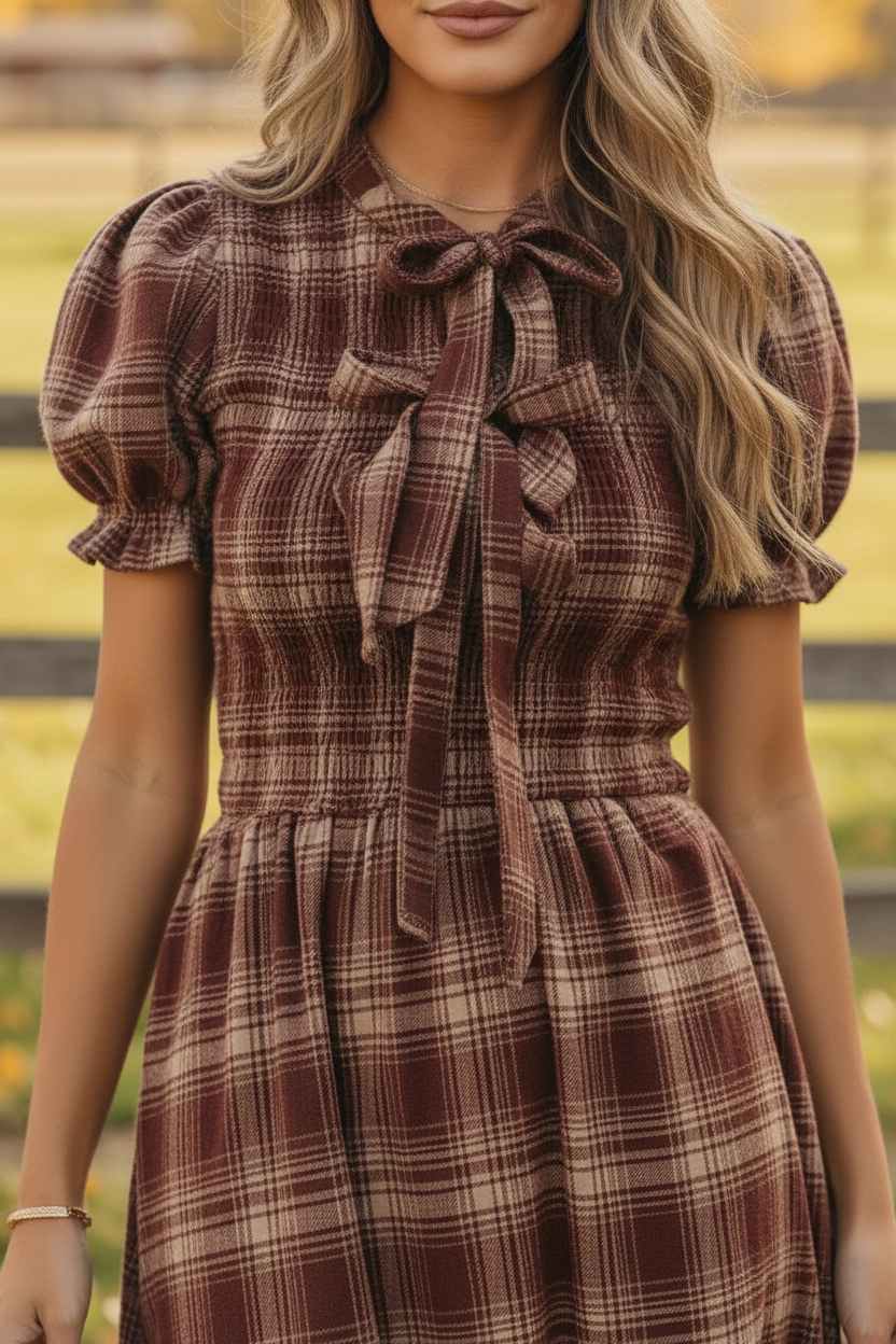 Close-up of smocked bodice and knot-front tie neckline detail on burgundy red plaid midi dress with puff sleeves and ruffle cuffs