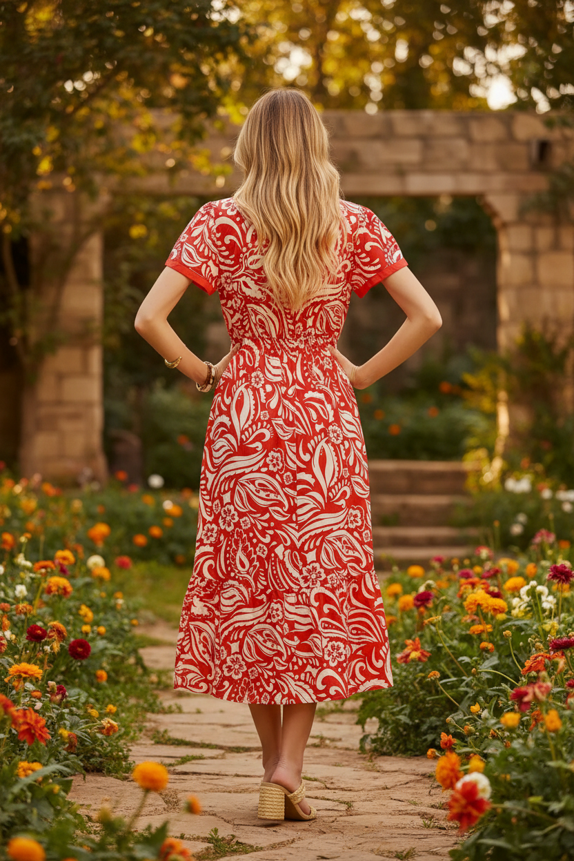 Red and cream paisley midi dress back view showing tiered ruffle hem, flutter sleeve detail, and bold floral print, fully lined lightweight rayon dress