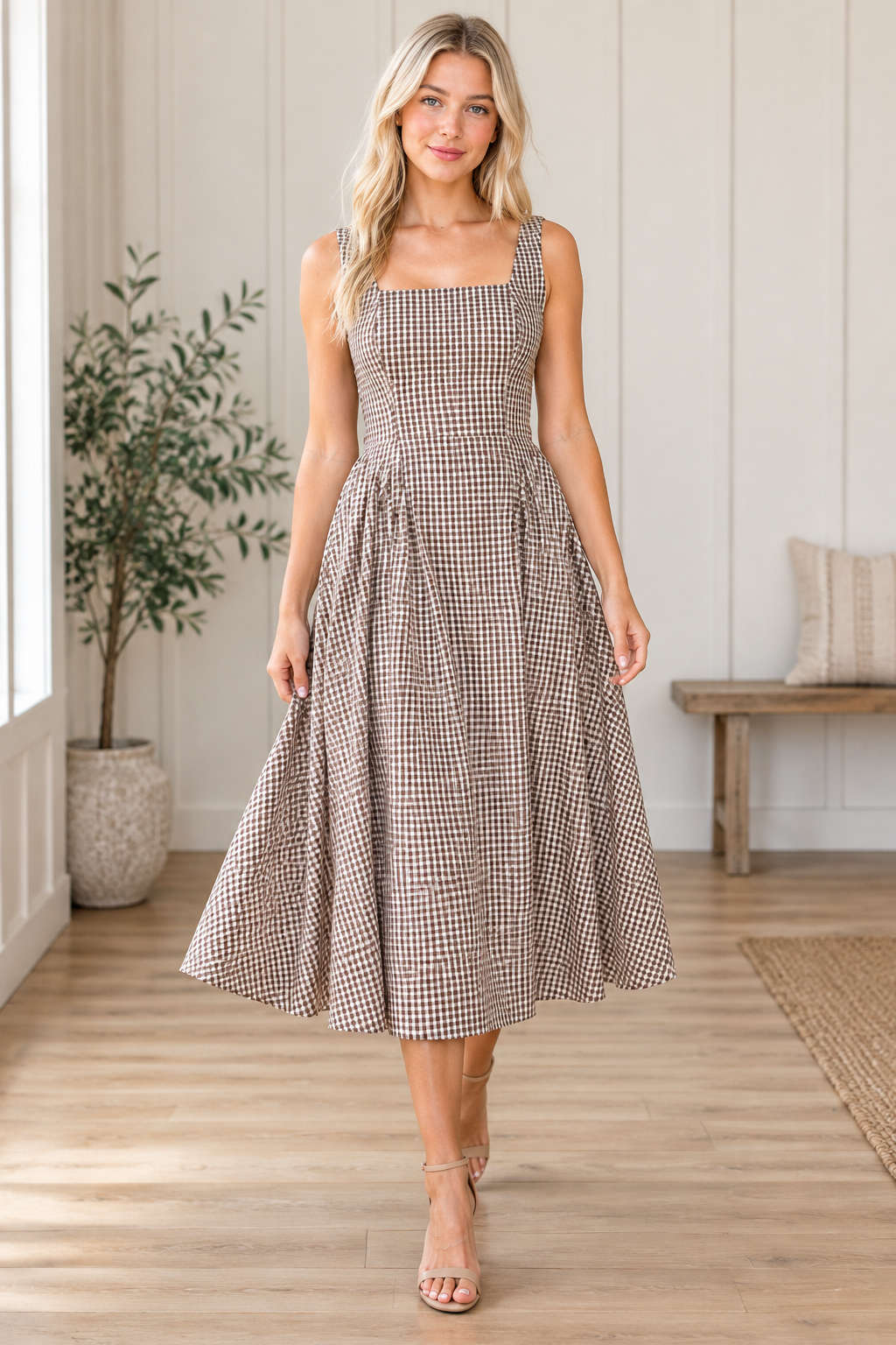 Walking view of brown and cream gingham midi dress showing the flowing pleated skirt