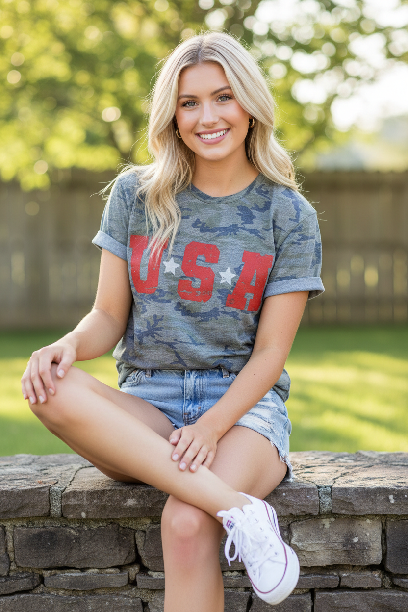 USA camo graphic tee styled with denim cutoffs — blonde model seated on steps casual lifestyle look