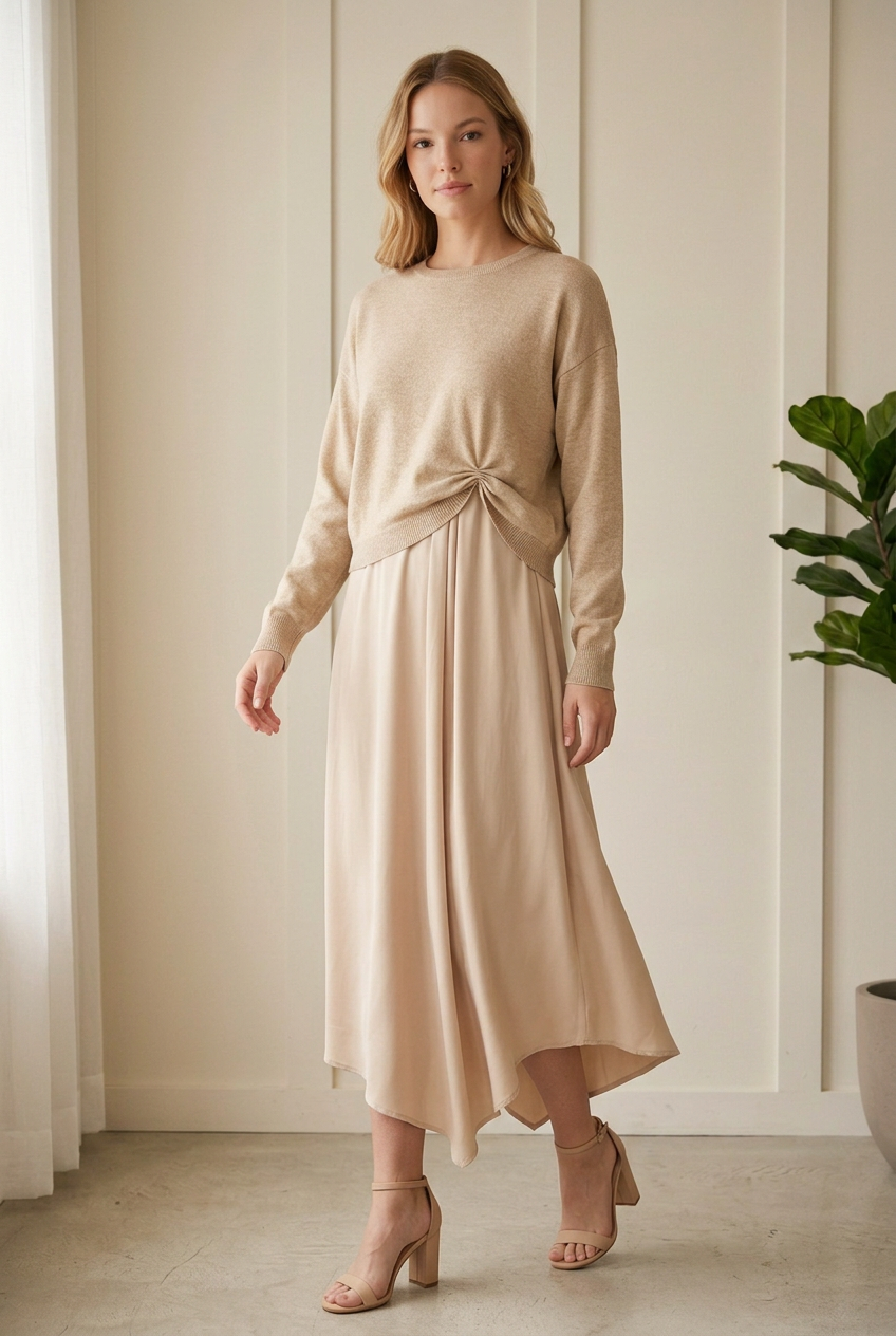 Three-quarter view of the Jodifl champagne sweater and midi dress set featuring a pleated front and asymmetrical hem.