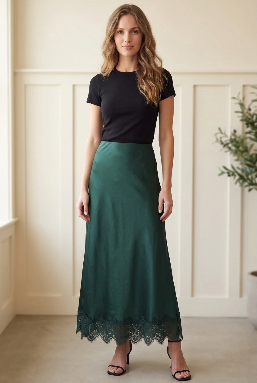 Front view of forest green woven satin maxi skirt with a flowing silhouette and scalloped floral lace hem.