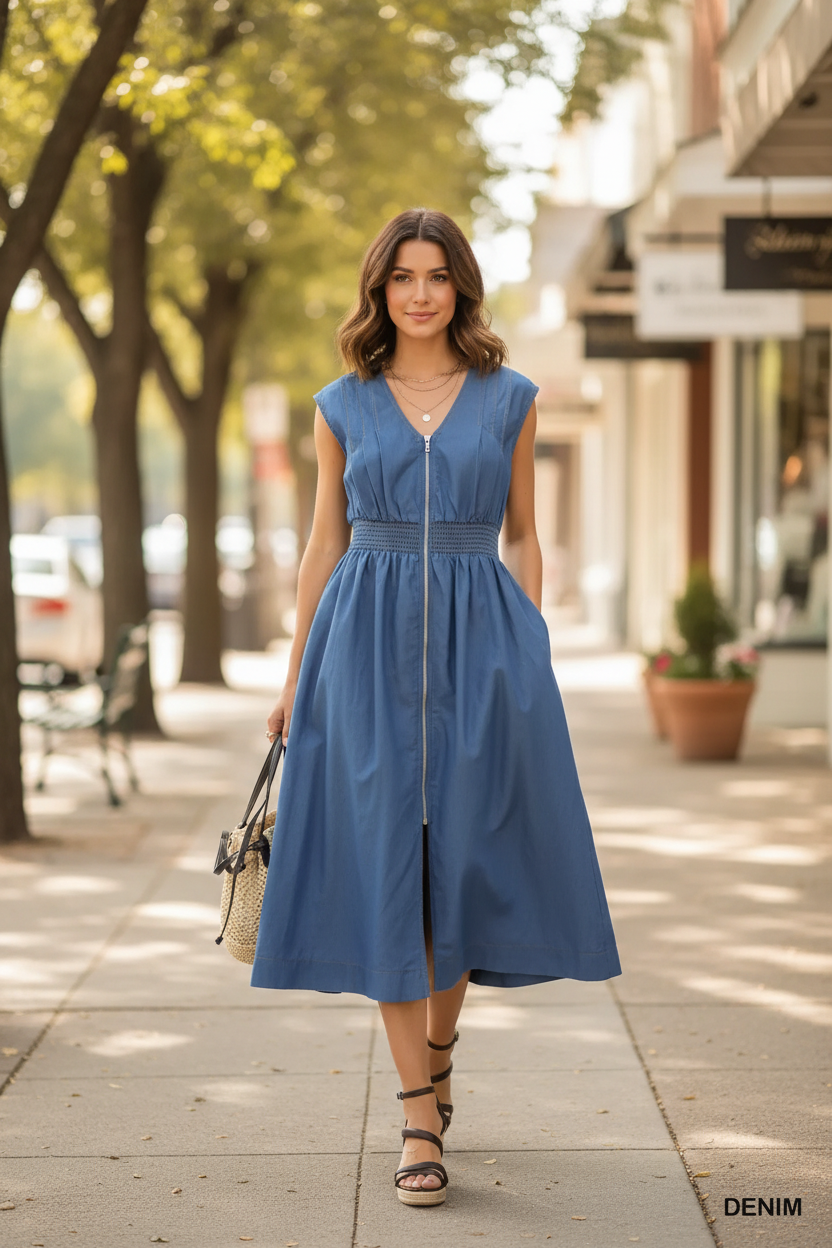 Brunette model walking in Umgee blue chambray denim zip-front midi dress with woven straw tote and wedge sandals, outdoor boutique lifestyle shot