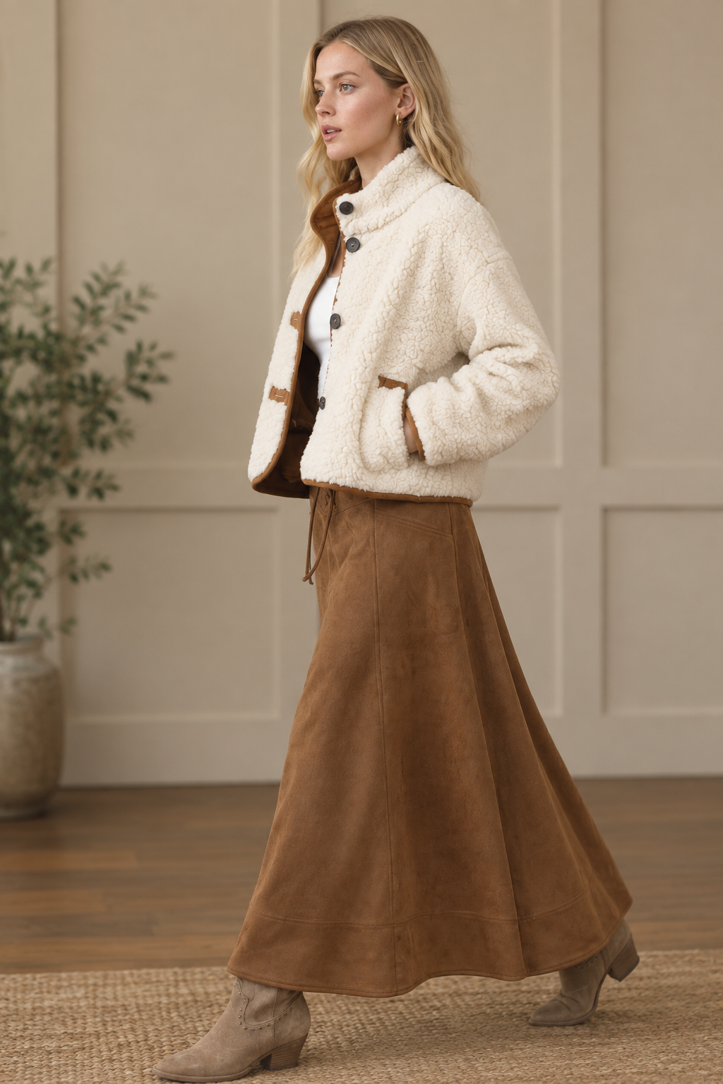 Ivory sherpa jacket with brown suede trim, side pockets, and button front from Thread Bar Boutique