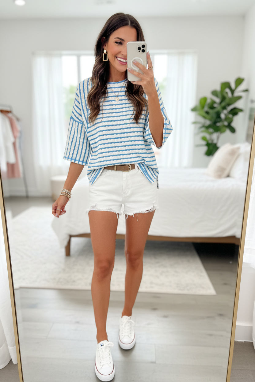 Kyla sky blue striped textured loose top mirror selfie — full outfit with white denim cutoffs and white sneakers