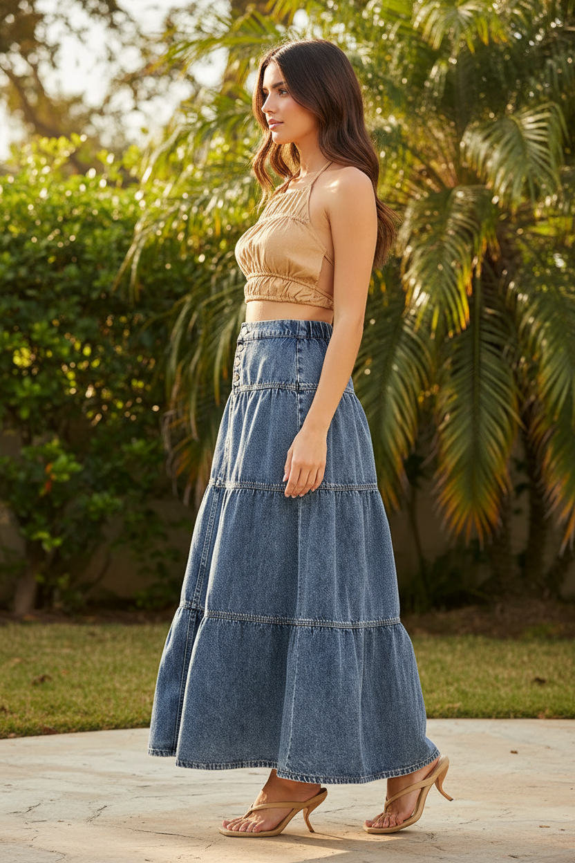 Side profile of brunette model in Risen denim tiered maxi skirt showing full A-line flare silhouette and ankle length with tan halter crop top