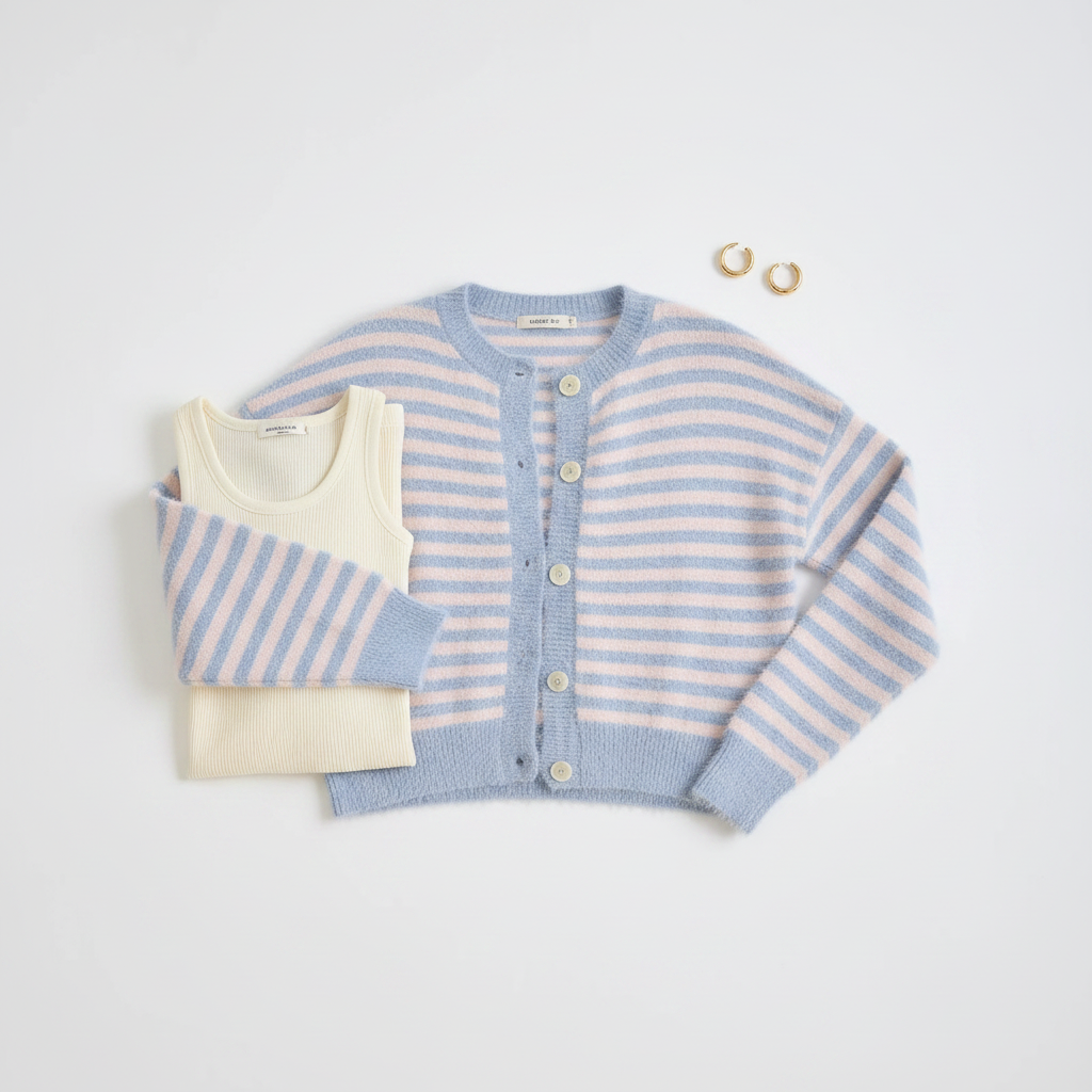Light blue and blush pink stripe fuzzy knit cardigan flat lay, pearl buttons detail, white background