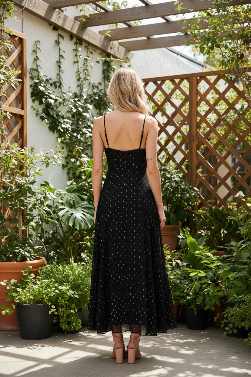 Back view of black polka dot open back maxi dress showing straight spaghetti straps and open back detail — Thread Bar Boutique