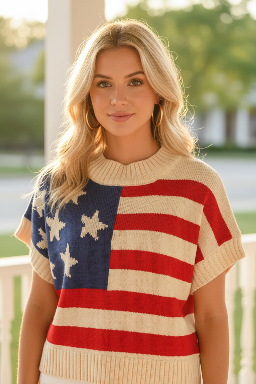 Waist-up close-up of a blonde woman wearing a cream knit American flag sweater top clearly showing the blue canton with large cream stars and bold red cream horizontal stripes, ribbed crew neckline, gold hoop earrings