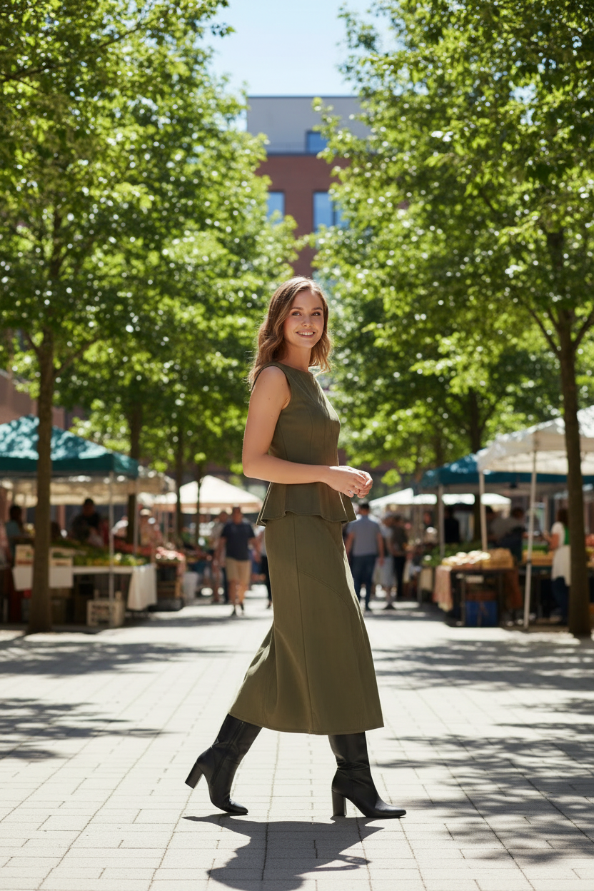 Olive Suede Asymmetrical Mermaid Skirt and Peplum Top Set - walking through outdoor plaza