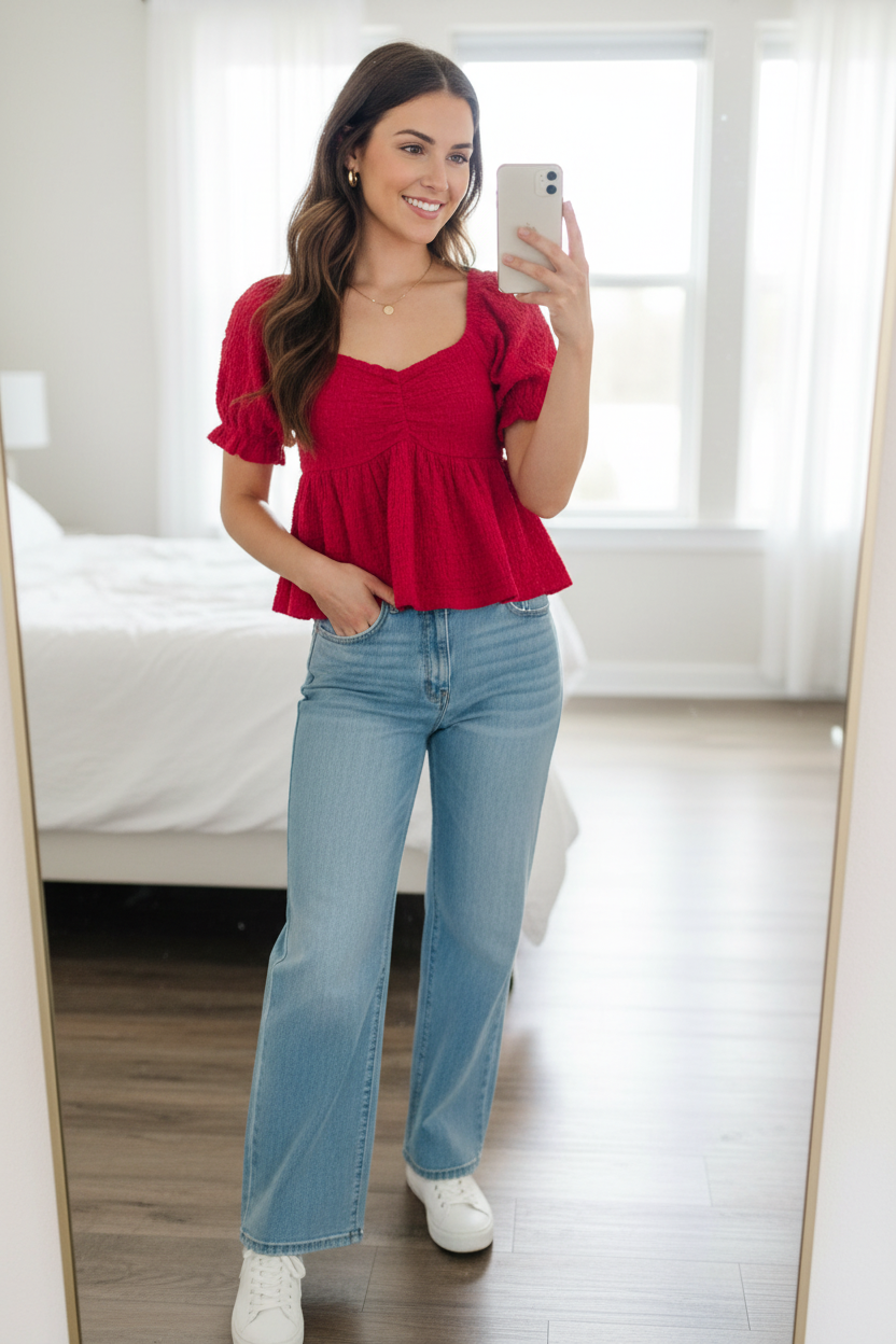 Red textured smocked peplum top mirror selfie — full outfit with wide-leg jeans and white sneakers contemporary style