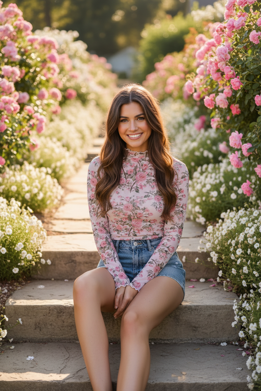 Brunette woman sitting on outdoor stone steps wearing a pink sheer mesh floral rose print mock-neck long sleeve top with ruched lettuce-edge cuffs and fitted seamless silhouette, paired with light wash denim mini shorts