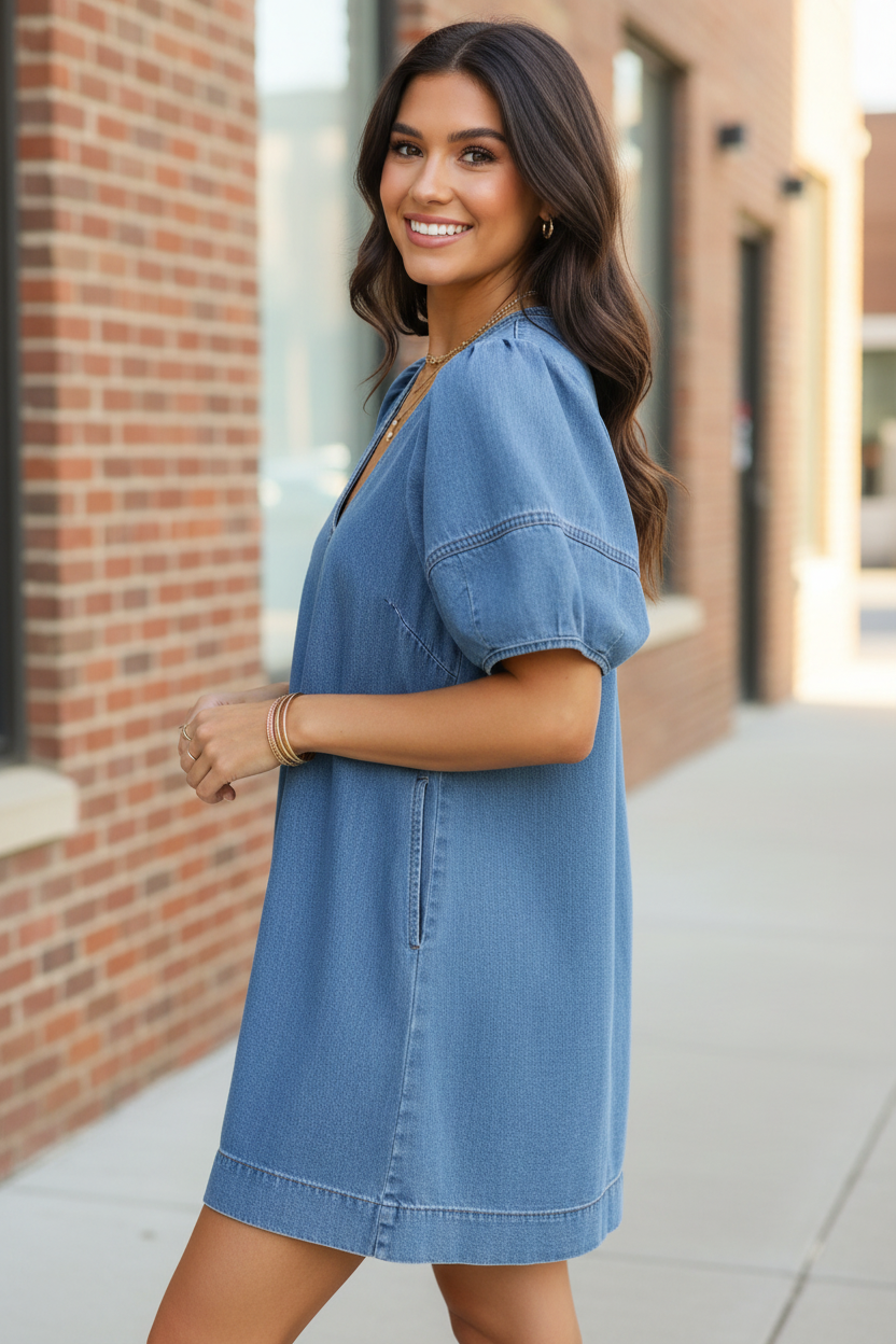 Side angle view of brunette model in Umgee light denim puff sleeve mini dress with contrast stitch V-neckline, smiling over shoulder, brick wall sidewalk