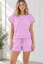 Front view of lavender washed lounge set with relaxed short sleeve top and matching drawstring patch-pocket shorts