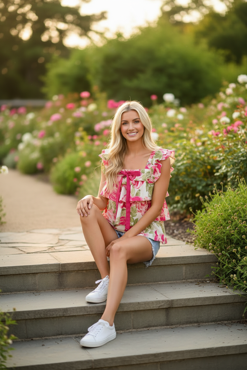 Blonde woman in a cream and pink rose print tiered ruffle square neck top with bow tie, styled with light wash denim cutoff shorts and white sneakers, sitting on outdoor steps with greenery
