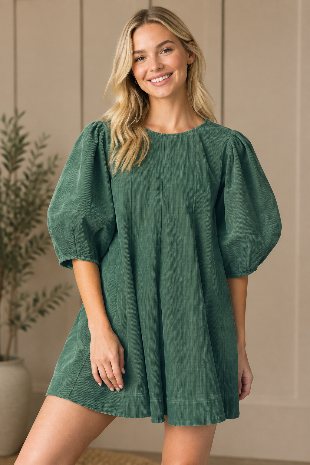 Corduroy mini dress with wide bubble half sleeves and round neckline from Thread Bar Boutique