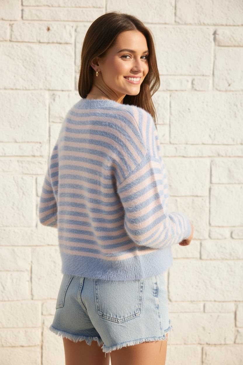 Women's stripe fuzzy knit cardigan back view, over shoulder smile, white stone wall outdoor lifestyle