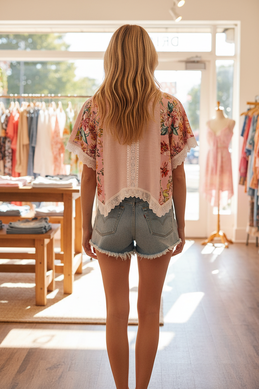 Back view of a blonde woman in a pale pink ribbed cropped top with vibrant floral print contrast back panels in pink orange and teal, center eyelet lace trim strip, and scalloped white lace hem, paired with denim cutoff shorts