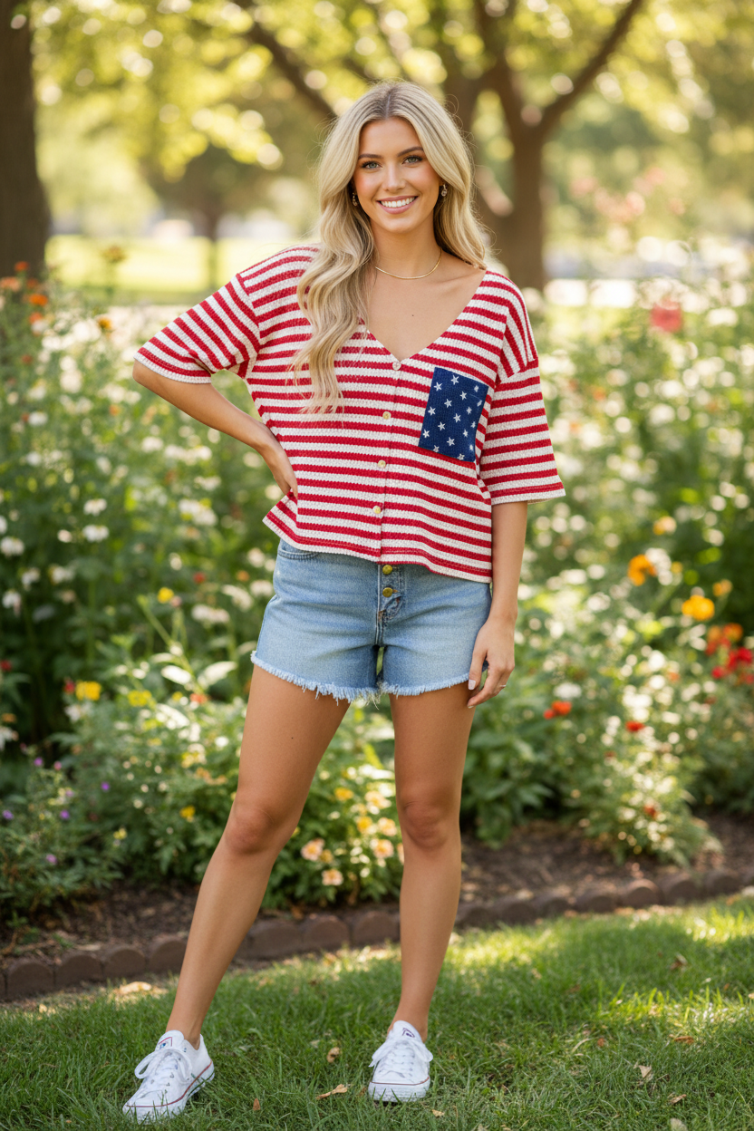 Americana stripe waffle knit button front top red ivory — blonde model full length front view with navy star pocket and gold buttons styled with denim cutoffs