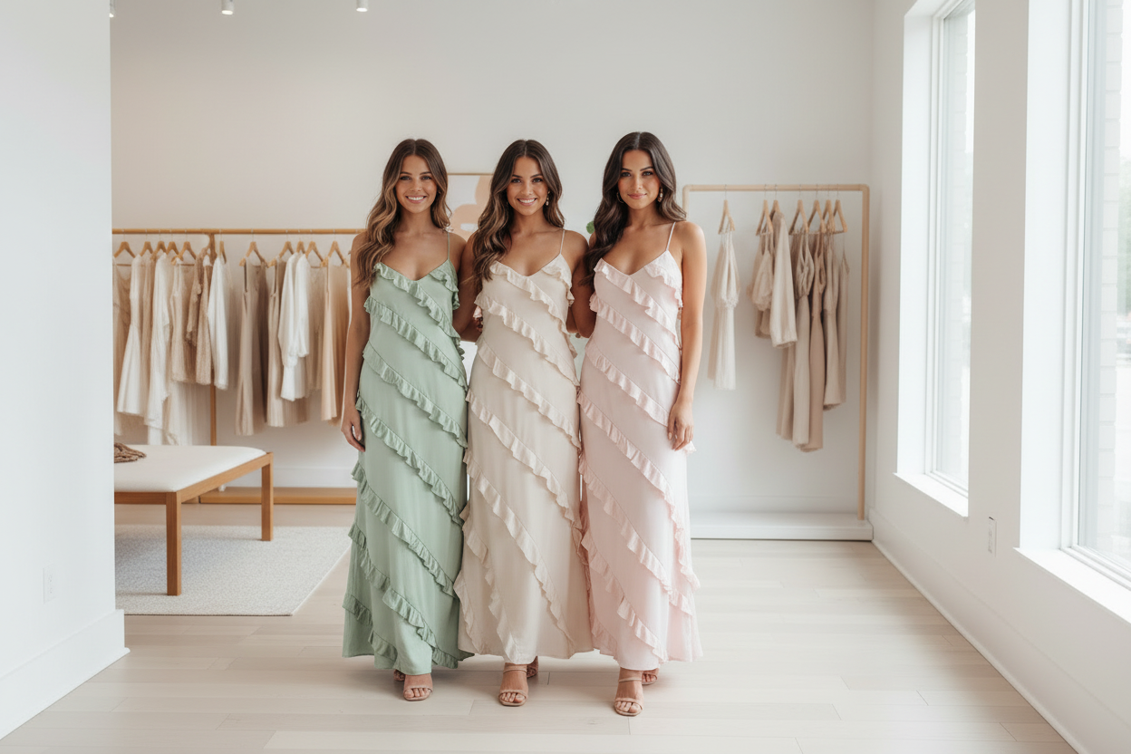 Ruffled Spaghetti Strap Maxi Dress - all three colors sage, beige and blush pink, trio relaxed poses, boutique setting