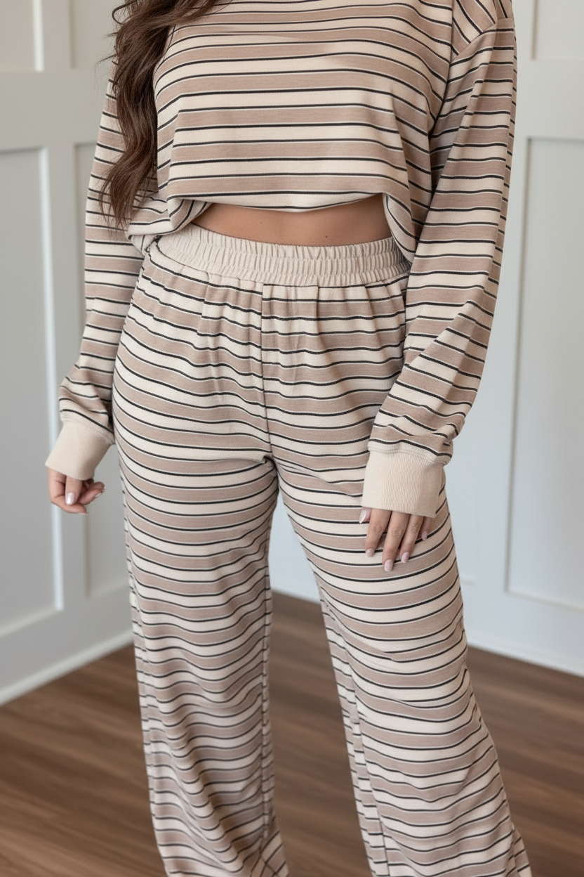Close-up detail of khaki stripe wide-leg pants with smocked elastic waistband — women's fall two-piece set, S–XL