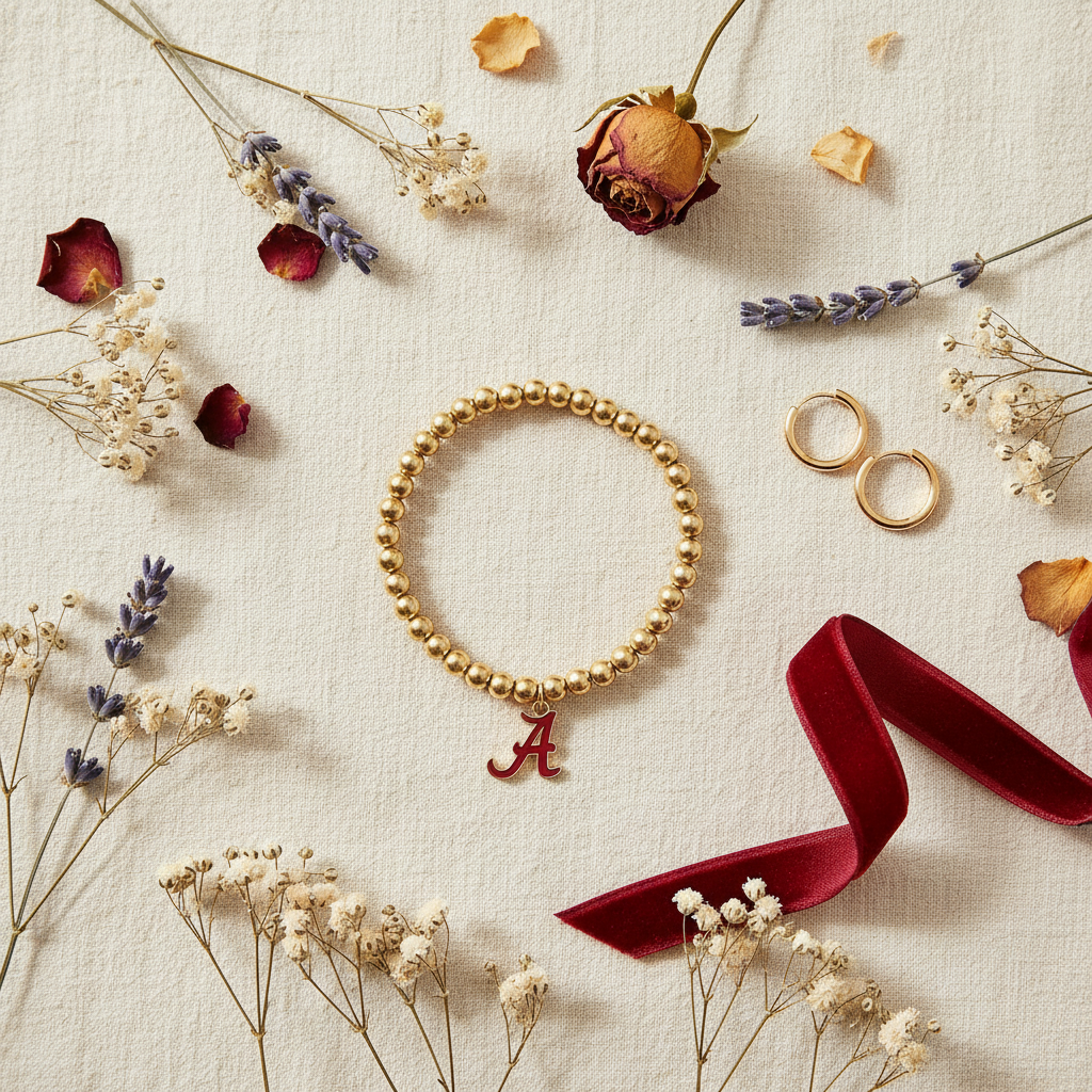 Alabama Crimson Tide Ball Bead Stretch Bracelet - flat lay on cream linen with dried flowers