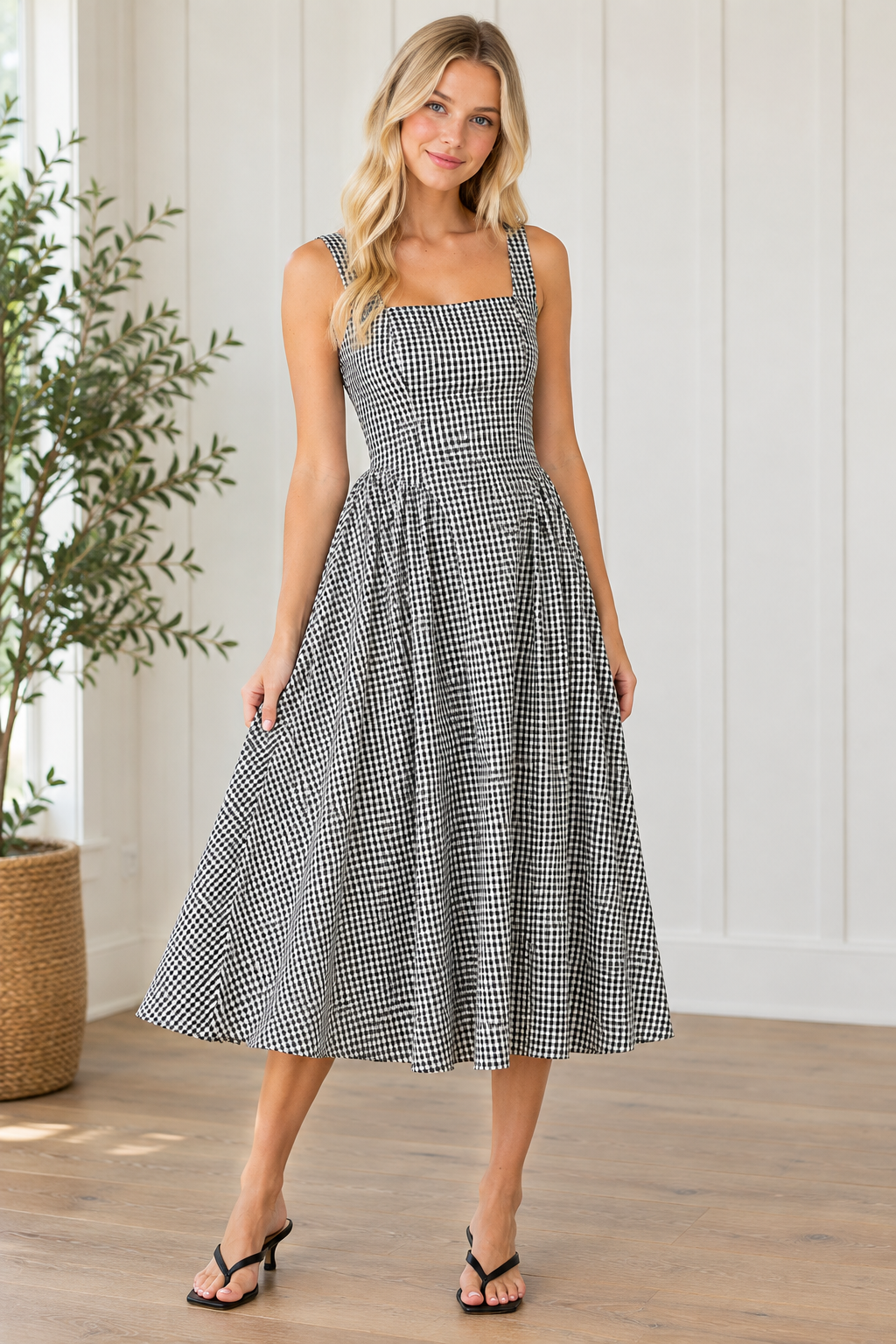Angled view of black and white gingham square neck dress with wide straps and midi hem