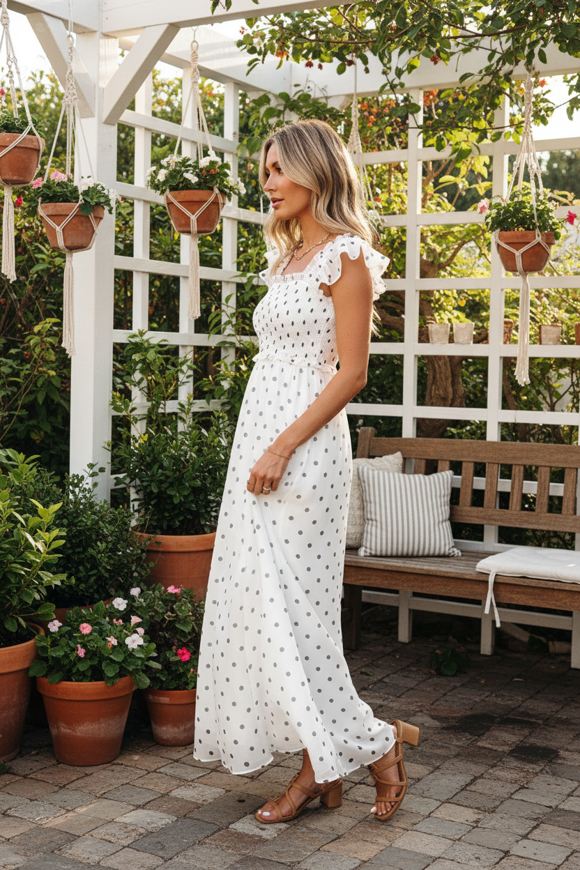 Side view of white polka dot maxi dress showing flutter sleeves and full length silhouette — Thread Bar Boutique