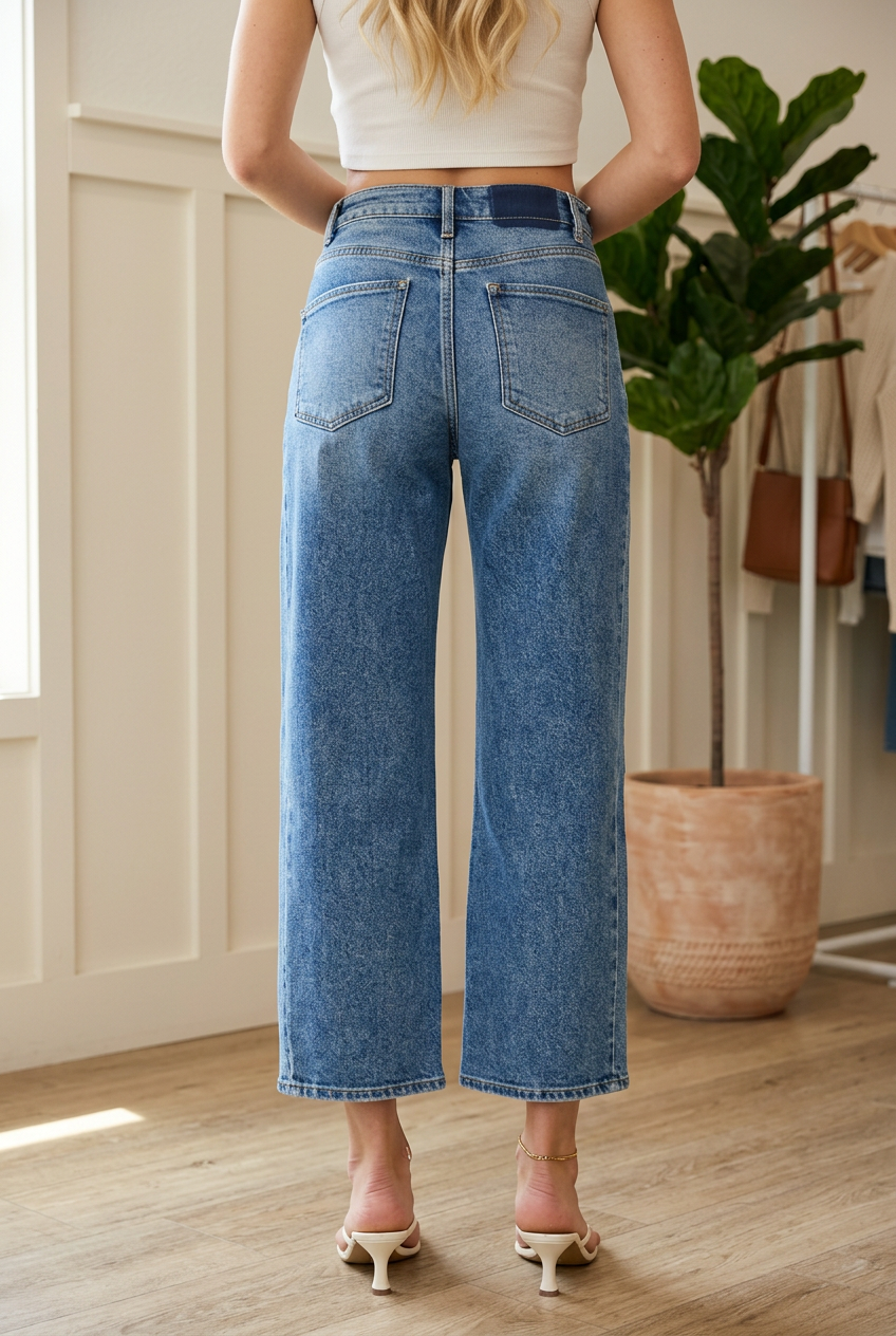 Back view of RISEN cropped barrel jeans showing rear patch pockets, belt loops, denim fading and finished hems.