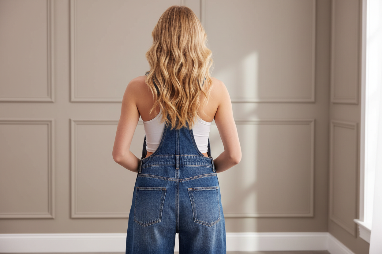 Denim barrel overalls rear view showing crossback adjustable straps and back pockets in medium wash denim