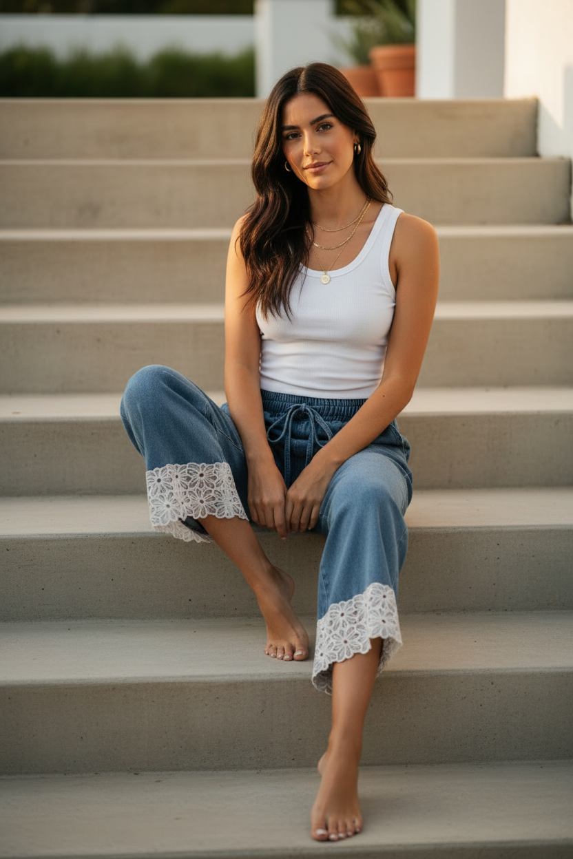 Brunette woman sitting on sunlit stairs showing full lace hem detail on wide-leg washed denim pants, white ribbed tank tucked in, gold jewelry — BiBi floral lace trim denim pants