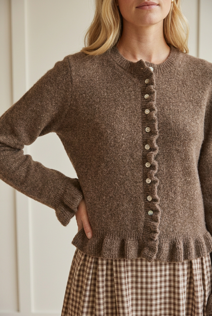 Close-up of the brown cardigan's textured knit, ribbed crew neckline, pale buttons, wavy ruffle placket, and ruffled hem.