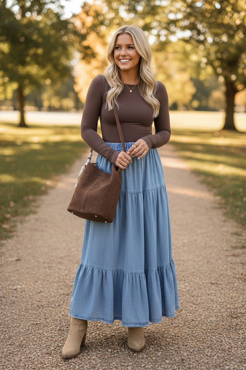 Full body front view of blonde woman outdoors wearing light wash denim tiered maxi skirt with elastic waistband and ruffle hem, dark brown long sleeve top, tan suede ankle boots and brown suede shoulder bag