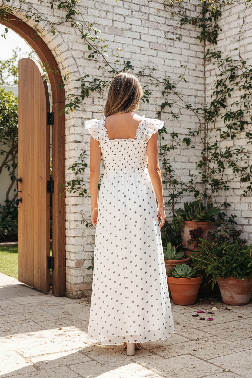 Back view of white polka dot smocked maxi dress showing smocked back detail and full length — Thread Bar Boutique