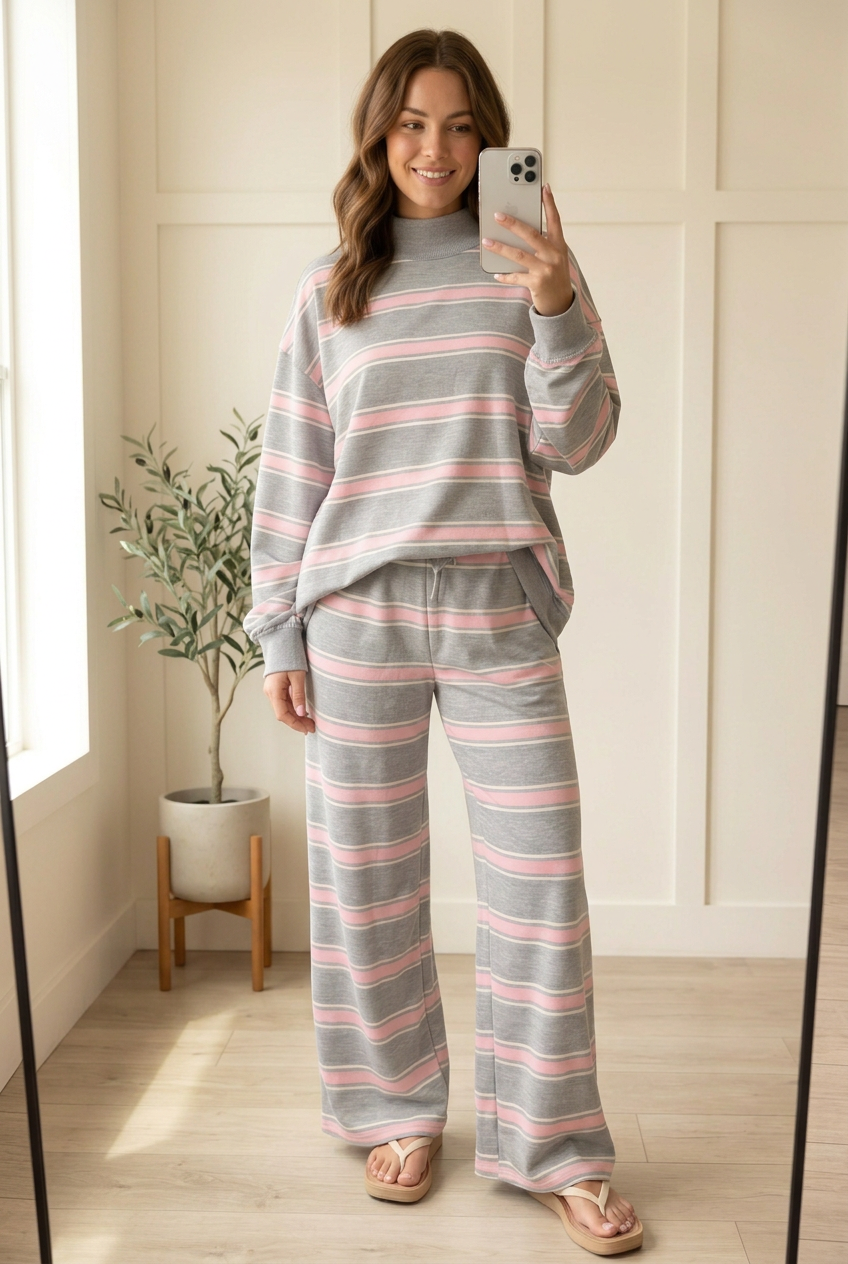 Mirror selfie of the Slow Morning Pink Stripe lounge set featuring a relaxed gray mock neck pullover and coordinating wide leg drawstring pants.