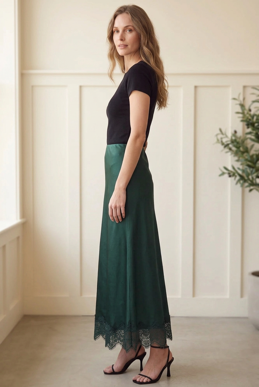 Side view of forest green satin maxi skirt showing its lustrous finish, long drape and floral lace trim.