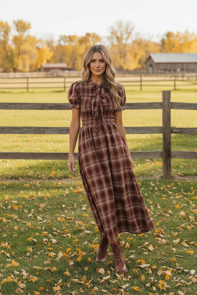 Full body view of brunette woman in burgundy plaid midi dress with smocked bodice and brown lace-up ankle boots, outdoor grassy field setting