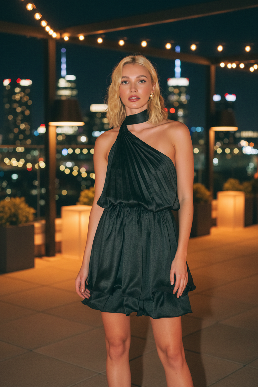 Front view of ruffled one-shoulder mini dress in outdoor nightlife environment