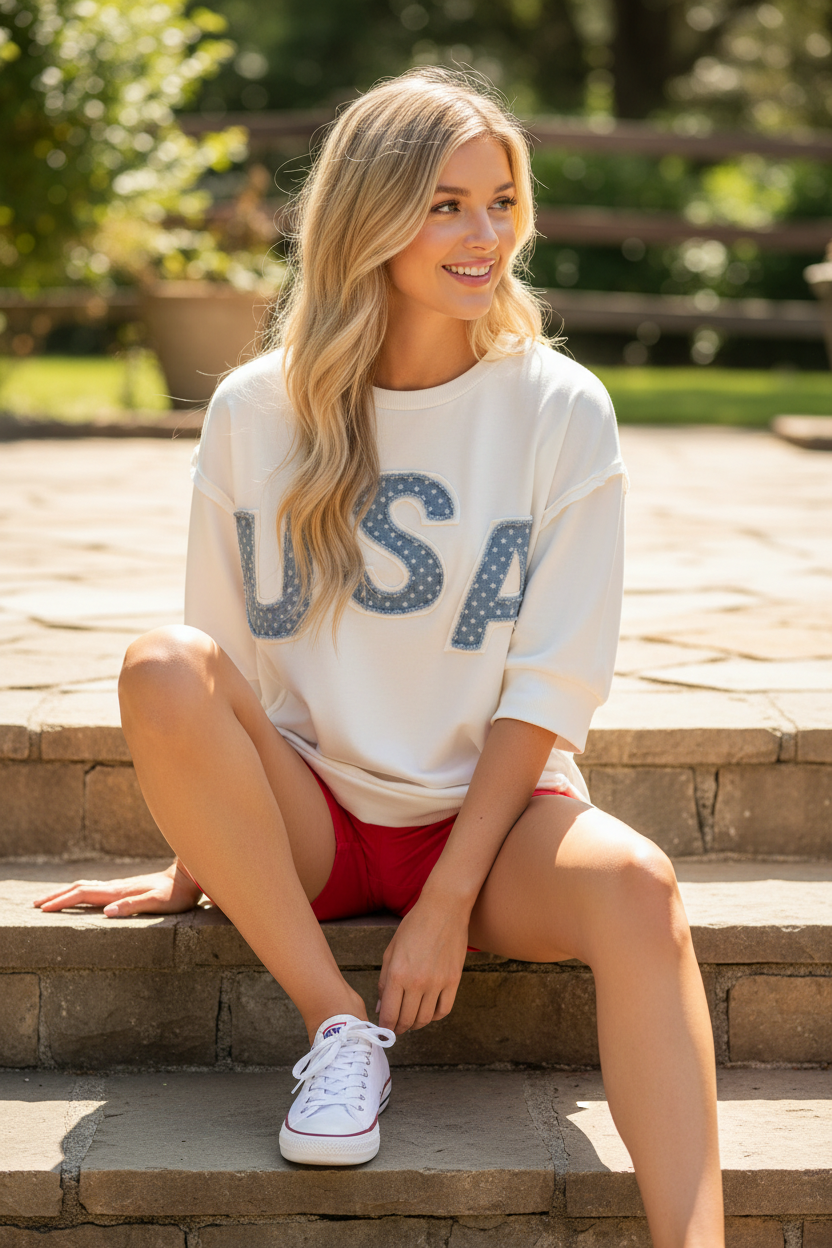 Blonde woman wearing an oversized ivory USA letter patchwork french terry top with blue star-print denim applique and ribbed hem, paired with red shorts and white sneakers sitting on outdoor steps