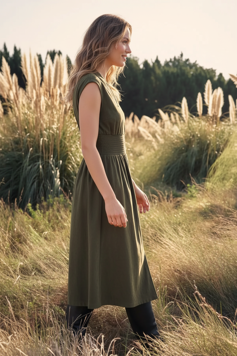 Olive Zip-Front Smocked Waist Midi Dress - side profile at golden hour in field